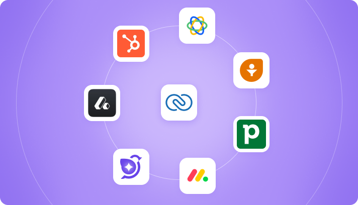 CRM platform logos surrounding a central integration hub on a purple background.